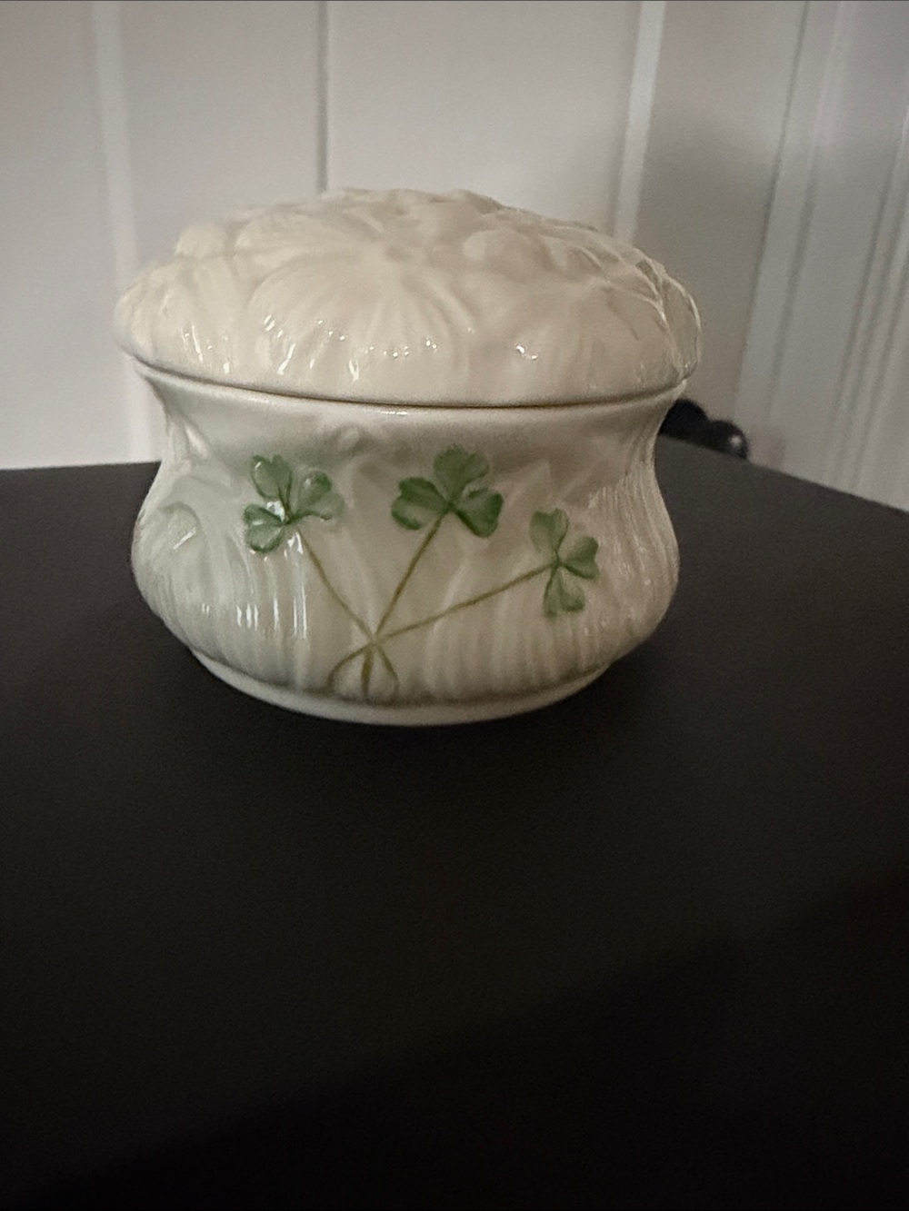 Belleek White Porcelain Trinket Jar with Green Shamrock Motif